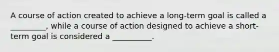 A course of action created to achieve a long-term goal is called a _________, while a course of action designed to achieve a short-term goal is considered a __________.