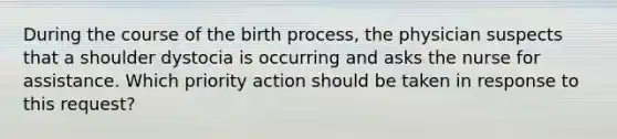 During the course of the birth process, the physician suspects that a shoulder dystocia is occurring and asks the nurse for assistance. Which priority action should be taken in response to this request?