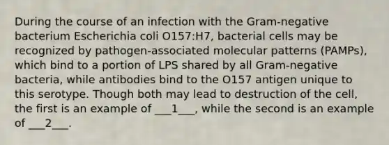 During the course of an infection with the Gram-negative bacterium Escherichia coli O157:H7, bacterial cells may be recognized by pathogen-associated molecular patterns (PAMPs), which bind to a portion of LPS shared by all Gram-negative bacteria, while antibodies bind to the O157 antigen unique to this serotype. Though both may lead to destruction of the cell, the first is an example of ___1___, while the second is an example of ___2___.