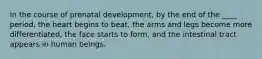 In the course of prenatal development, by the end of the ____ period, the heart begins to beat, the arms and legs become more differentiated, the face starts to form, and the intestinal tract appears in human beings.