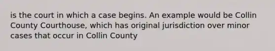 is the court in which a case begins. An example would be Collin County Courthouse, which has original jurisdiction over minor cases that occur in Collin County