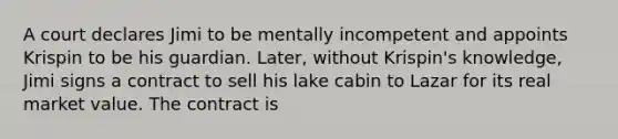 A court declares Jimi to be mentally incompetent and appoints Krispin to be his guardian. Later, without Krispin's knowledge, Jimi signs a contract to sell his lake cabin to Lazar for its real market value. The contract is