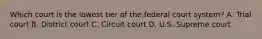 Which court is the lowest tier of the federal court system? A. Trial court B. District court C. Circuit court D. U.S. Supreme court