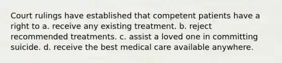 Court rulings have established that competent patients have a right to a. receive any existing treatment. b. reject recommended treatments. c. assist a loved one in committing suicide. d. receive the best medical care available anywhere.