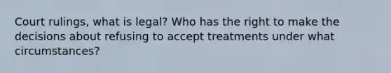 Court rulings, what is legal? Who has the right to make the decisions about refusing to accept treatments under what circumstances?