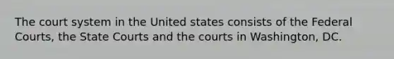 The court system in the United states consists of the <a href='https://www.questionai.com/knowledge/kzzdxYQ4u6-federal-courts' class='anchor-knowledge'>federal courts</a>, the <a href='https://www.questionai.com/knowledge/k0UTVXnPxH-state-courts' class='anchor-knowledge'>state courts</a> and the courts in Washington, DC.