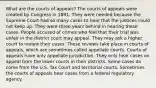 What are the courts of appeals? The courts of appeals were created by Congress in 1891. They were needed because the Supreme Court had so many cases to hear that the justices could not keep up. They were three years behind in hearing these cases. People accused of crimes who feel that their trial was unfair in the district court may appeal. They may ask a higher court to review their cases. These reviews take place in courts of appeals, which are sometimes called appellate courts. Courts of appeals have only appellate jurisdiction. They only hear cases on appeal from the lower courts in their districts. Some cases do come from the U.S. Tax Court and territorial courts. Sometimes the courts of appeals hear cases from a federal regulatory agency.