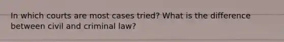 In which courts are most cases tried? What is the difference between civil and criminal law?