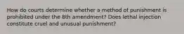 How do courts determine whether a method of punishment is prohibited under the 8th amendment? Does lethal injection constitute cruel and unusual punishment?