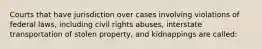 ​Courts that have jurisdiction over cases involving violations of federal laws, including civil rights abuses, interstate transportation of stolen property, and kidnappings are called: