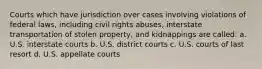 Courts which have jurisdiction over cases involving violations of federal laws, including civil rights abuses, interstate transportation of stolen property, and kidnappings are called: a. U.S. interstate courts b. U.S. district courts c. U.S. courts of last resort d. U.S. appellate courts