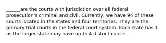 ______are the courts with jurisdiction over all federal prosecution's criminal and civil. Currently, we have 94 of these courts located in the states and four territories. They are the primary trial courts in the federal court system. Each state has 1 as the larger state may have up to 4 district courts.