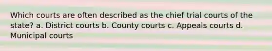 Which courts are often described as the chief trial courts of the state? a. District courts b. County courts c. Appeals courts d. Municipal courts