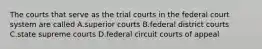 The courts that serve as the trial courts in the federal court system are called A.superior courts B.federal district courts C.state supreme courts D.federal circuit courts of appeal