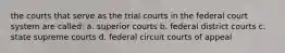 the courts that serve as the trial courts in the federal court system are called: a. superior courts b. federal district courts c. state supreme courts d. federal circuit courts of appeal