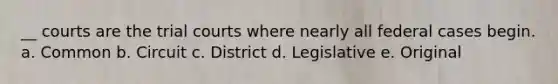 __ courts are the trial courts where nearly all federal cases begin. a. Common b. Circuit c. District d. Legislative e. Original