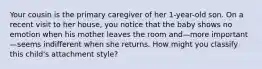 Your cousin is the primary caregiver of her 1-year-old son. On a recent visit to her house, you notice that the baby shows no emotion when his mother leaves the room and—more important—seems indifferent when she returns. How might you classify this child's attachment style?