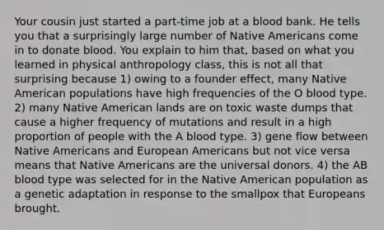 Your cousin just started a part-time job at a blood bank. He tells you that a surprisingly large number of Native Americans come in to donate blood. You explain to him that, based on what you learned in physical anthropology class, this is not all that surprising because 1) owing to a founder effect, many Native American populations have high frequencies of the O blood type. 2) many Native American lands are on toxic waste dumps that cause a higher frequency of mutations and result in a high proportion of people with the A blood type. 3) gene flow between Native Americans and European Americans but not vice versa means that Native Americans are the universal donors. 4) the AB blood type was selected for in the Native American population as a genetic adaptation in response to the smallpox that Europeans brought.