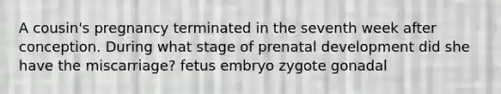 A cousin's pregnancy terminated in the seventh week after conception. During what stage of prenatal development did she have the miscarriage? fetus embryo zygote gonadal