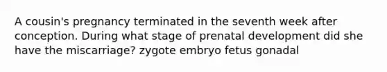 A cousin's pregnancy terminated in the seventh week after conception. During what stage of prenatal development did she have the miscarriage? zygote embryo fetus gonadal