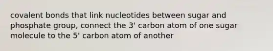 covalent bonds that link nucleotides between sugar and phosphate group, connect the 3' carbon atom of one sugar molecule to the 5' carbon atom of another