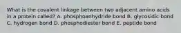 What is the covalent linkage between two adjacent amino acids in a protein called? A. phosphoanhydride bond B. glycosidic bond C. hydrogen bond D. phosphodiester bond E. peptide bond