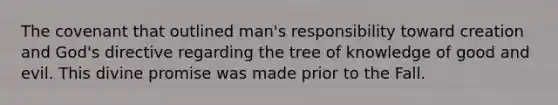 The covenant that outlined man's responsibility toward creation and God's directive regarding the tree of knowledge of good and evil. This divine promise was made prior to the Fall.