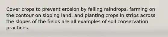 Cover crops to prevent erosion by falling raindrops, farming on the contour on sloping land, and planting crops in strips across the slopes of the fields are all examples of soil conservation practices.