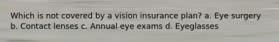 Which is not covered by a vision insurance plan? a. Eye surgery b. Contact lenses c. Annual eye exams d. Eyeglasses