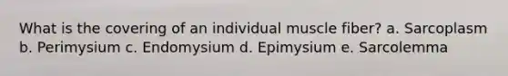 What is the covering of an individual muscle fiber? a. Sarcoplasm b. Perimysium c. Endomysium d. Epimysium e. Sarcolemma