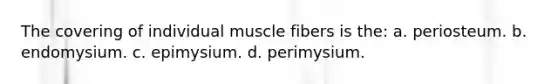 The covering of individual muscle fibers is the: a. periosteum. b. endomysium. c. epimysium. d. perimysium.