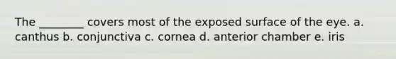 The ________ covers most of the exposed surface of the eye. a. canthus b. conjunctiva c. cornea d. anterior chamber e. iris