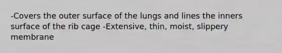 -Covers the outer surface of the lungs and lines the inners surface of the rib cage -Extensive, thin, moist, slippery membrane