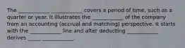 The ____________ ____________ covers a period of time, such as a quarter or year. It illustrates the ____________ of the company from an accounting (accrual and matching) perspective. It starts with the ____________ line and after deducting ____________ derives _____ ____________.