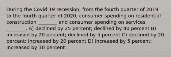 During the Covid-19 recession, from the fourth quarter of 2019 to the fourth quarter of 2020, consumer spending on residential construction ________ and consumer spending on services ________. A) declined by 25 percent; declined by 40 percent B) increased by 20 percent; declined by 5 percent C) declined by 20 percent; increased by 20 percent D) increased by 5 percent; increased by 10 percent