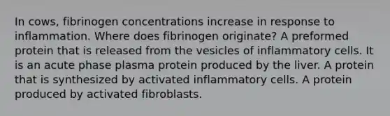 In cows, fibrinogen concentrations increase in response to inflammation. Where does fibrinogen originate? A preformed protein that is released from the vesicles of inflammatory cells. It is an acute phase plasma protein produced by the liver. A protein that is synthesized by activated inflammatory cells. A protein produced by activated fibroblasts.