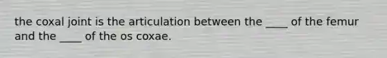the coxal joint is the articulation between the ____ of the femur and the ____ of the os coxae.