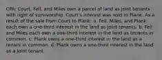 CPA: Court, Fell, and Miles own a parcel of land as joint tenants with right of survivorship. Court's interest was sold to Plank. As a result of the sale from Court to Plank: a. Fell, Miles, and Plank each own a one-third interest in the land as joint tenants. b. Fell and Miles each own a one-third interest in the land as tenants in common. c. Plank owns a one-third interest in the land as a tenant in common. d. Plank owns a one-third interest in the land as a joint tenant.