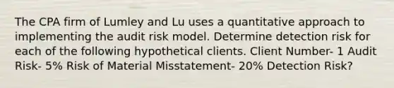 The CPA firm of Lumley and Lu uses a quantitative approach to implementing the audit risk model. Determine detection risk for each of the following hypothetical clients. Client Number- 1 Audit Risk- 5% Risk of Material Misstatement- 20% Detection Risk?