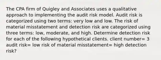 The CPA firm of Quigley and Associates uses a qualitative approach to implementing the audit risk model. Audit risk is categorized using two terms: very low and low. The risk of material misstatement and detection risk are categorized using three terms: low, moderate, and high. Determine detection risk for each of the following hypothetical clients. client number= 3 audit risk= low risk of material misstatement= high detection risk?