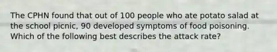 The CPHN found that out of 100 people who ate potato salad at the school picnic, 90 developed symptoms of food poisoning. Which of the following best describes the attack rate?