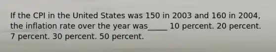 If the CPI in the United States was 150 in 2003 and 160 in 2004, the inflation rate over the year was_____ 10 percent. 20 percent. 7 percent. 30 percent. 50 percent.