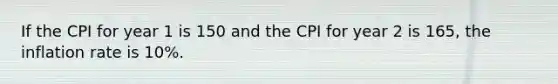 If the CPI for year 1 is 150 and the CPI for year 2 is 165, the inflation rate is 10%.