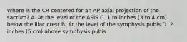 Where is the CR centered for an AP axial projection of the sacrum? A. At the level of the ASIS C. 1 to inches (3 to 4 cm) below the iliac crest B. At the level of the symphysis pubis D. 2 inches (5 cm) above symphysis pubis