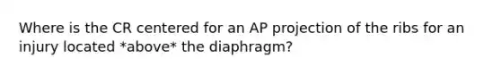 Where is the CR centered for an AP projection of the ribs for an injury located *above* the diaphragm?