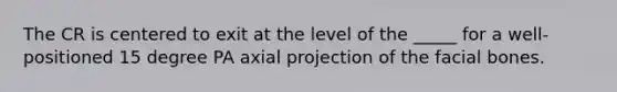 The CR is centered to exit at the level of the _____ for a well-positioned 15 degree PA axial projection of the facial bones.