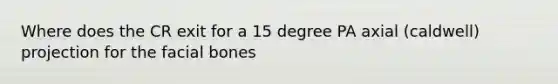 Where does the CR exit for a 15 degree PA axial (caldwell) projection for the facial bones