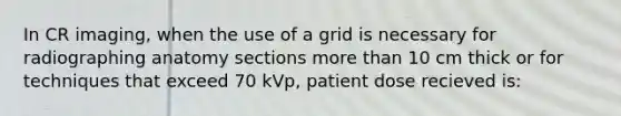 In CR imaging, when the use of a grid is necessary for radiographing anatomy sections more than 10 cm thick or for techniques that exceed 70 kVp, patient dose recieved is: