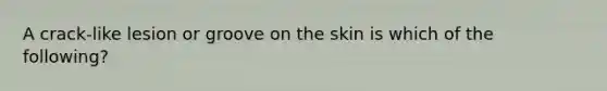 A crack-like lesion or groove on the skin is which of the following?