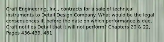 Craft Engineering, Inc., contracts for a sale of technical instruments to Detail Design Company. What would be the legal consequences if, before the date on which performance is due, Craft notifies Detail that it will not perform? Chapters 20 & 22, Pages 436-439, 481